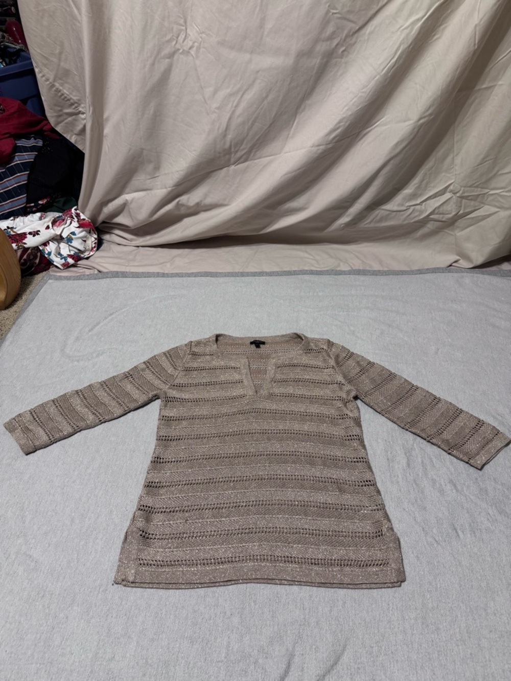 Talbots Openwork Knit V-Neck Sweater in Light Taupe
